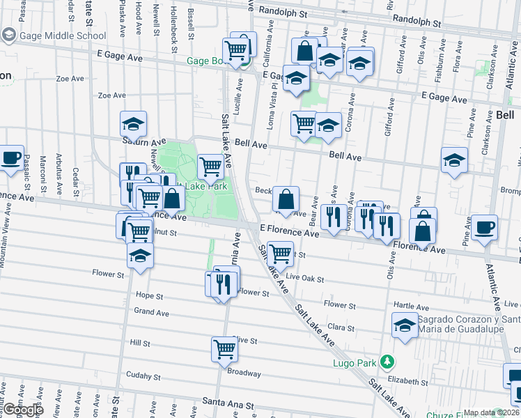 map of restaurants, bars, coffee shops, grocery stores, and more near 3621 Weik Avenue in Bell