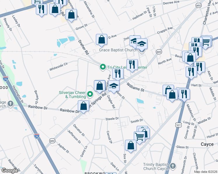 map of restaurants, bars, coffee shops, grocery stores, and more near 2029 Platt Springs Road in West Columbia