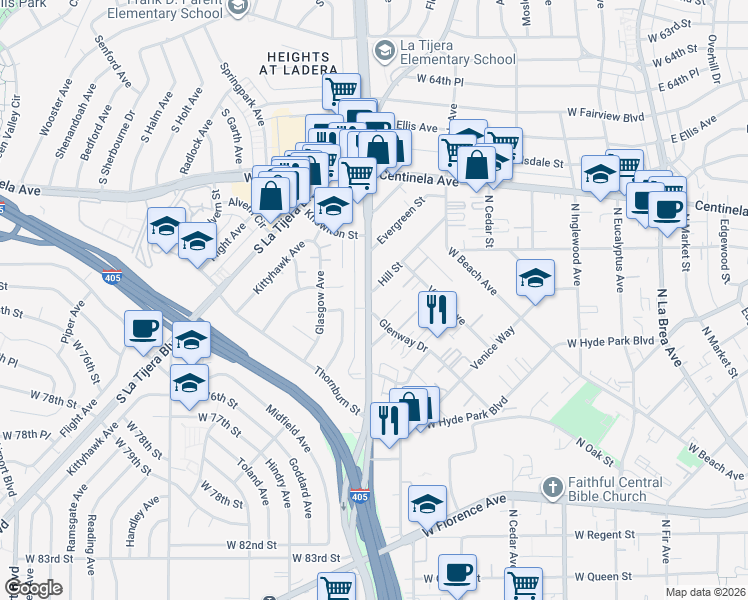 map of restaurants, bars, coffee shops, grocery stores, and more near 7050 South La Cienega Boulevard in Inglewood