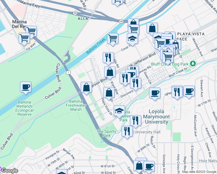 map of restaurants, bars, coffee shops, grocery stores, and more near 13173 Pacific Promenade in Los Angeles