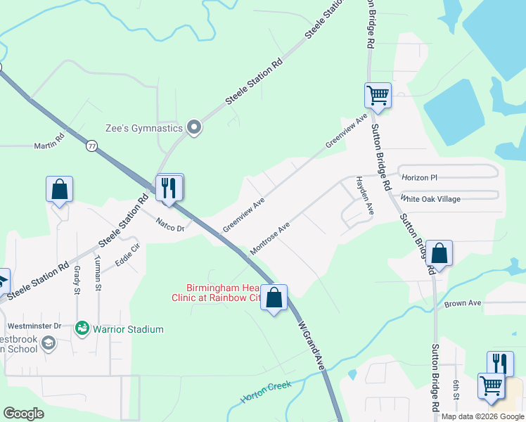 map of restaurants, bars, coffee shops, grocery stores, and more near 3509 Montrose Avenue in Rainbow City