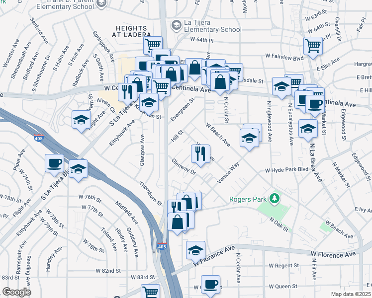 map of restaurants, bars, coffee shops, grocery stores, and more near 620 Hardin Drive in Inglewood