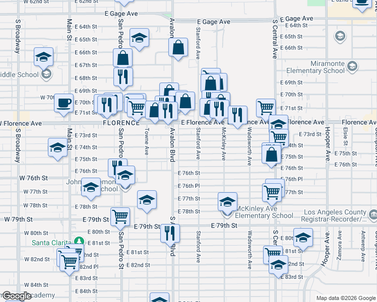 map of restaurants, bars, coffee shops, grocery stores, and more near 614 East 75th Street in Los Angeles