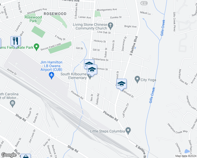 map of restaurants, bars, coffee shops, grocery stores, and more near 1405 Dahlia Road in Columbia