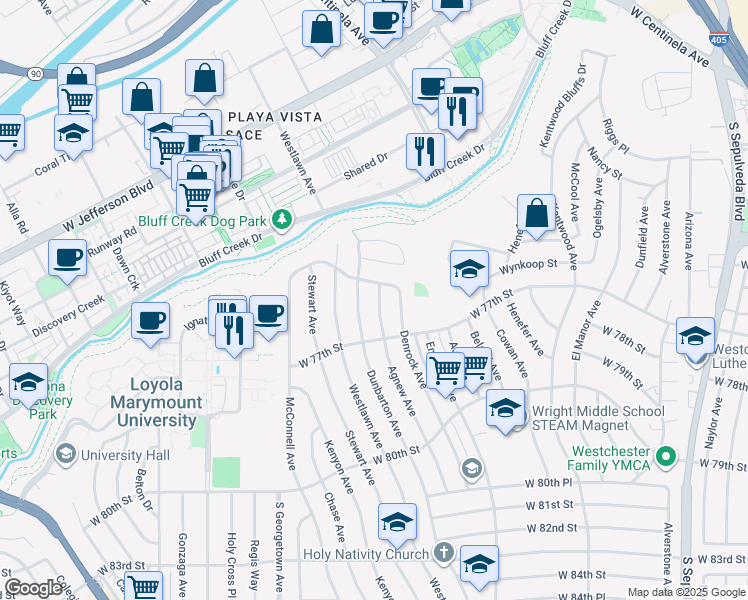 map of restaurants, bars, coffee shops, grocery stores, and more near 7501 Agnew Avenue in Los Angeles