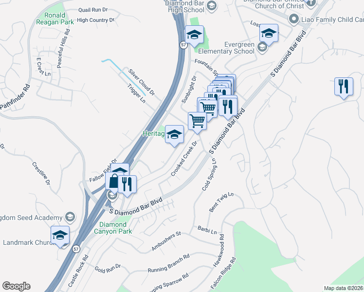 map of restaurants, bars, coffee shops, grocery stores, and more near 2967 Crooked Creek Drive in Pomona