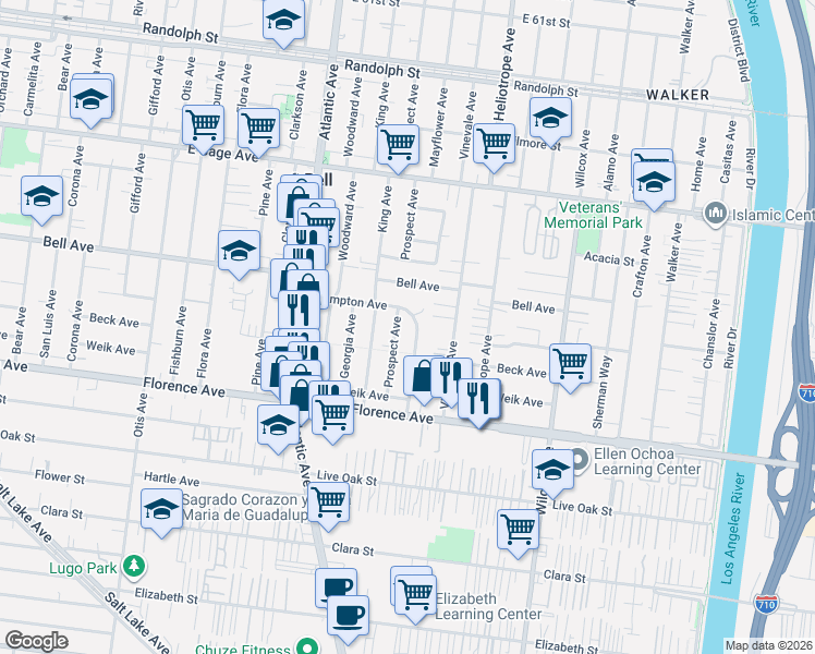 map of restaurants, bars, coffee shops, grocery stores, and more near 6837 Mayflower Avenue in Bell