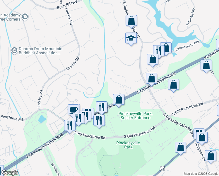 map of restaurants, bars, coffee shops, grocery stores, and more near 4729 Peachtree Industrial Boulevard in Duluth