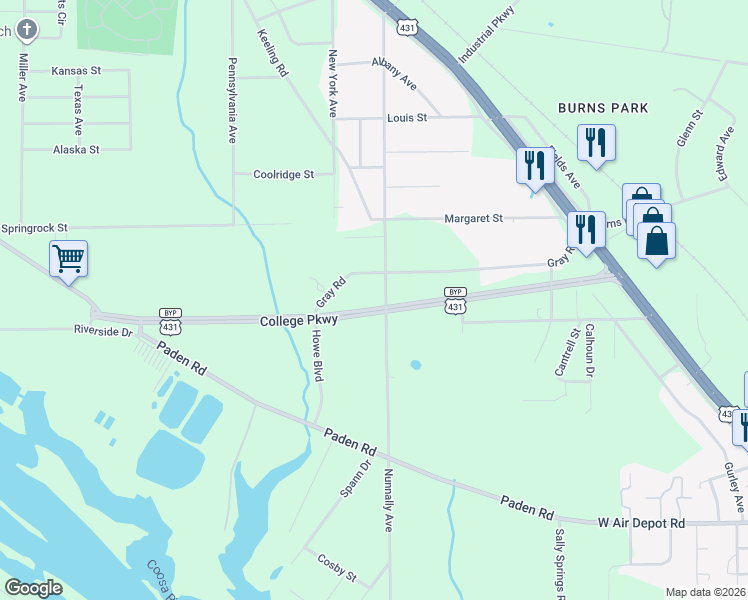 map of restaurants, bars, coffee shops, grocery stores, and more near 701 Nunnally Avenue in Gadsden