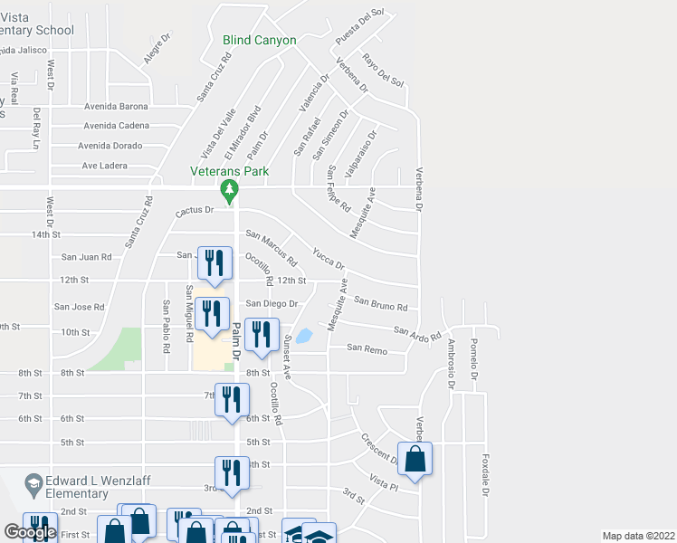 map of restaurants, bars, coffee shops, grocery stores, and more near 66775 Yucca Drive in Desert Hot Springs