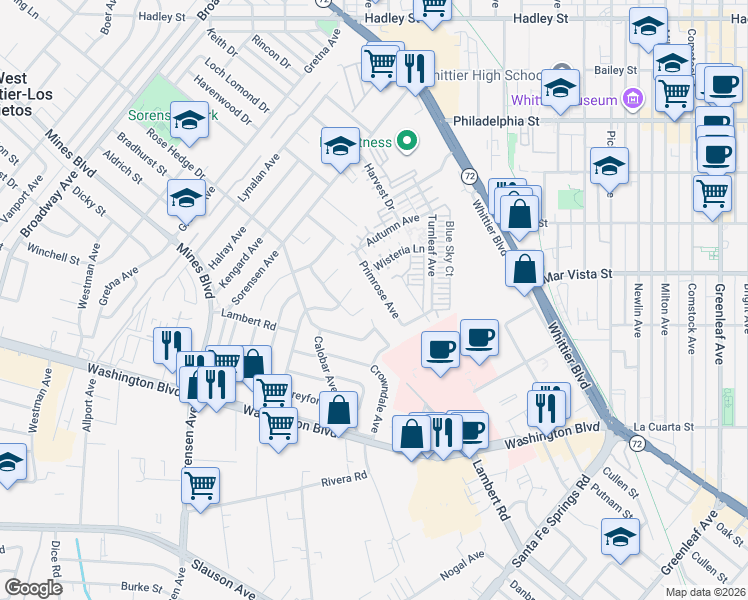 map of restaurants, bars, coffee shops, grocery stores, and more near 12358 Primrose Avenue in Whittier