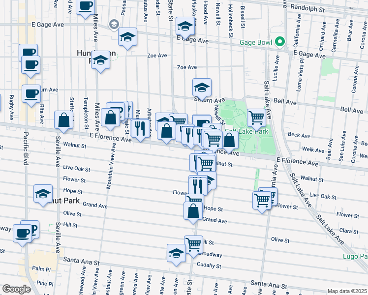 map of restaurants, bars, coffee shops, grocery stores, and more near 3109 Walnut Street in Huntington Park