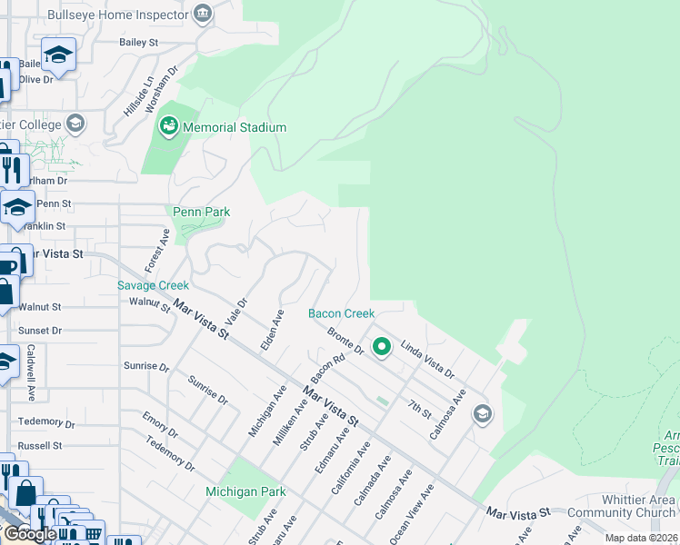 map of restaurants, bars, coffee shops, grocery stores, and more near 7751 Bowen Drive in Whittier