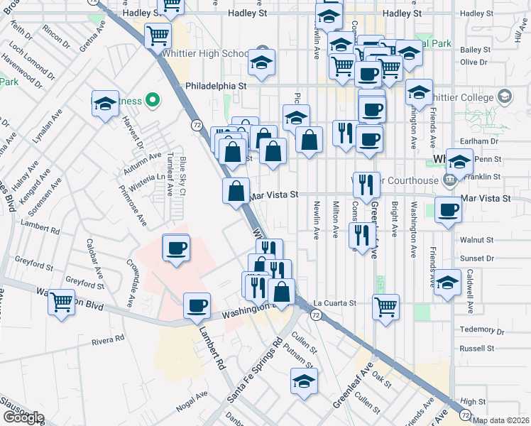 map of restaurants, bars, coffee shops, grocery stores, and more near 12466 Amesbury Circle in Whittier