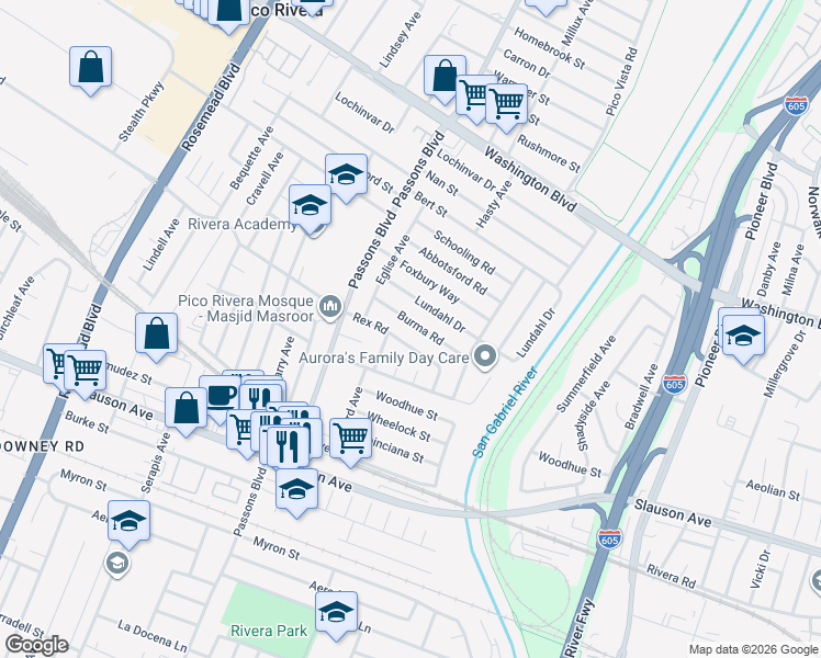 map of restaurants, bars, coffee shops, grocery stores, and more near 9552 Rex Road in Pico Rivera