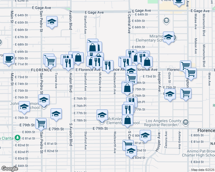 map of restaurants, bars, coffee shops, grocery stores, and more near 824 East 75th Street in Los Angeles