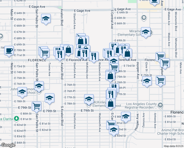 map of restaurants, bars, coffee shops, grocery stores, and more near 824 East 75th Street in Los Angeles