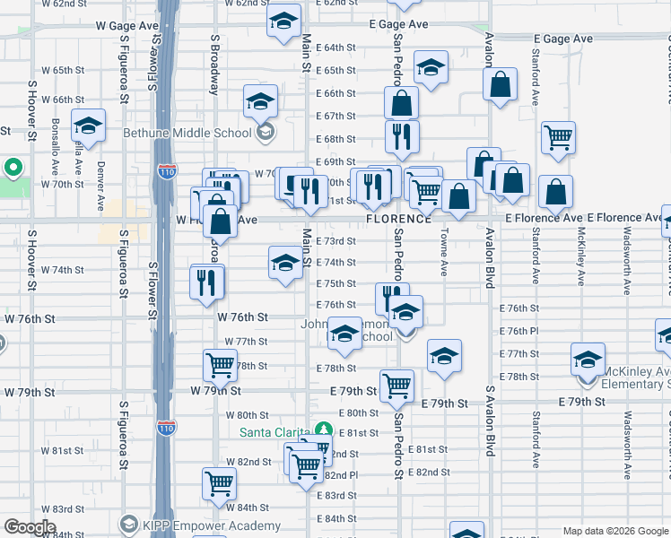 map of restaurants, bars, coffee shops, grocery stores, and more near 152 East 75th Street in Los Angeles