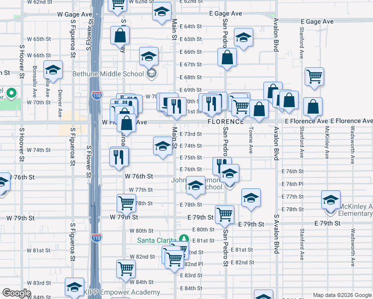 map of restaurants, bars, coffee shops, grocery stores, and more near 124 East 74th Street in Los Angeles