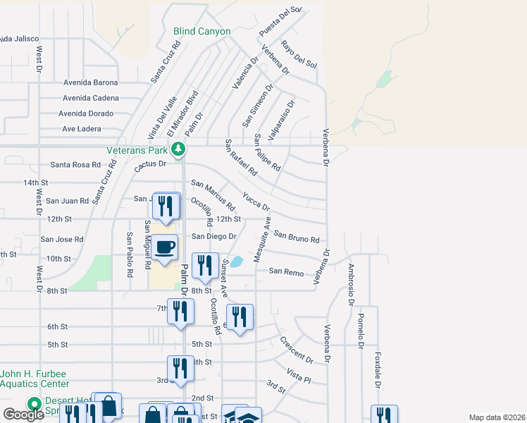 map of restaurants, bars, coffee shops, grocery stores, and more near 66775 Yucca Drive in Desert Hot Springs