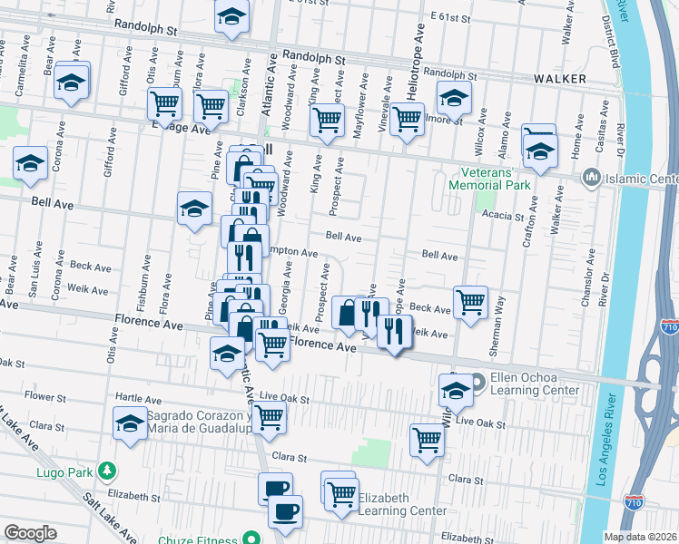 map of restaurants, bars, coffee shops, grocery stores, and more near 6837 Mayflower Avenue in Bell
