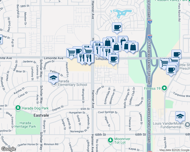 map of restaurants, bars, coffee shops, grocery stores, and more near 12584 Cipriano Lane in Eastvale