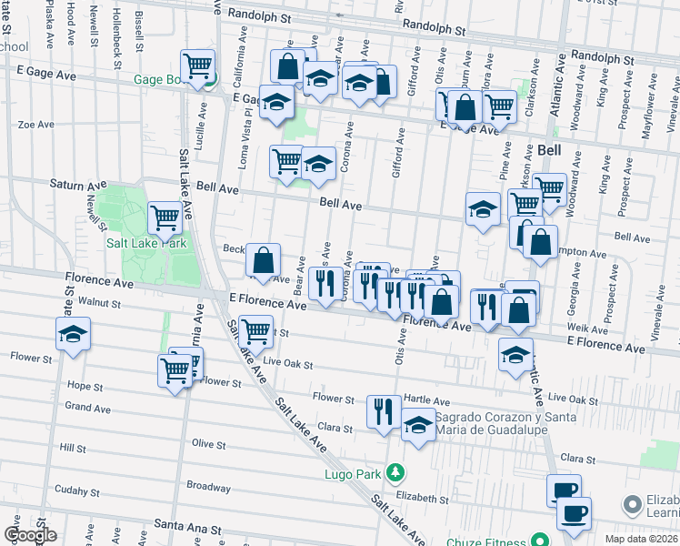 map of restaurants, bars, coffee shops, grocery stores, and more near 7105 Corona Avenue in Bell Gardens