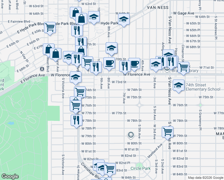 map of restaurants, bars, coffee shops, grocery stores, and more near 3019 West 75th Street in Los Angeles