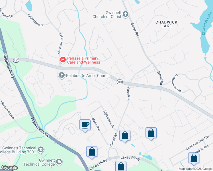 map of restaurants, bars, coffee shops, grocery stores, and more near 1749 Tailmore Lane Northwest in Lawrenceville