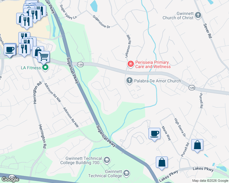 map of restaurants, bars, coffee shops, grocery stores, and more near 1571 Dehaven Court in Lawrenceville