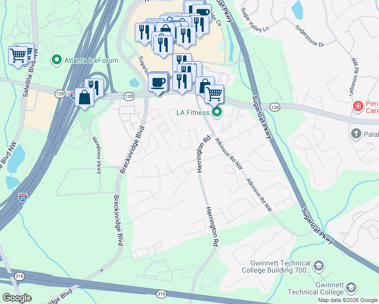 map of restaurants, bars, coffee shops, grocery stores, and more near 2074 Atkinson Lane in Lawrenceville