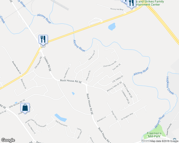map of restaurants, bars, coffee shops, grocery stores, and more near Aster Ives Drive in Lawrenceville