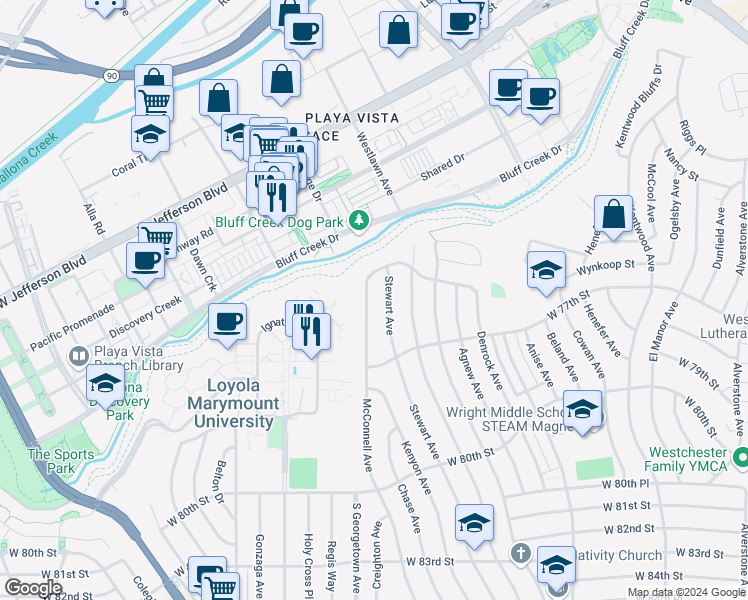 map of restaurants, bars, coffee shops, grocery stores, and more near 7530 McConnell Avenue in Los Angeles