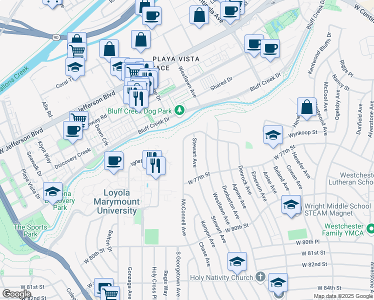 map of restaurants, bars, coffee shops, grocery stores, and more near 7506 McConnell Avenue in Los Angeles