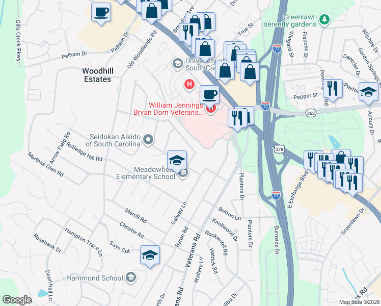map of restaurants, bars, coffee shops, grocery stores, and more near 6567 Queens Way Drive in Columbia