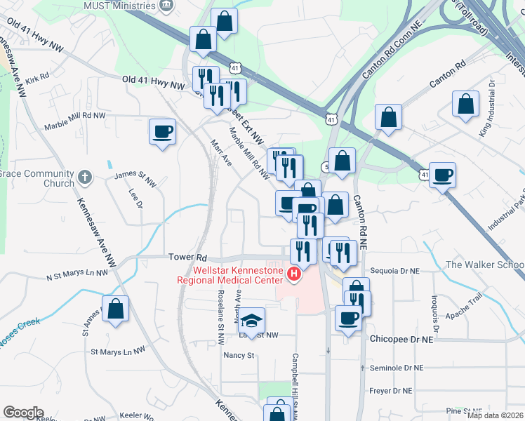 map of restaurants, bars, coffee shops, grocery stores, and more near 115 Florance Street in Marietta