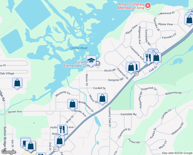 map of restaurants, bars, coffee shops, grocery stores, and more near 1252 Sangster Road in Gadsden