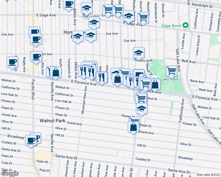 map of restaurants, bars, coffee shops, grocery stores, and more near 7131 Cedar Street in Huntington Park