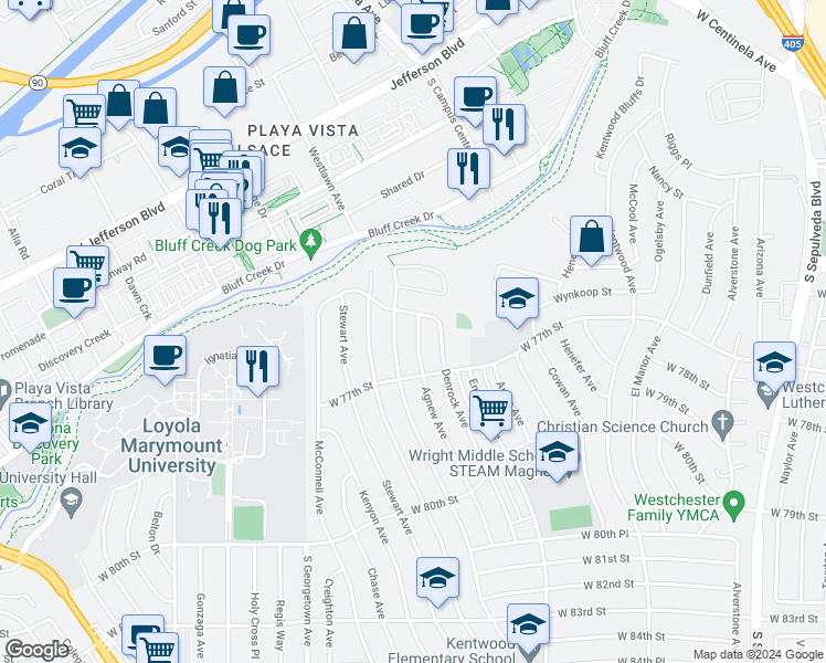 map of restaurants, bars, coffee shops, grocery stores, and more near 7501 Agnew Avenue in Los Angeles