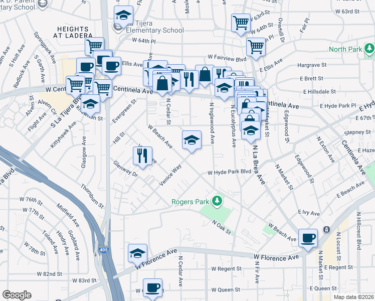 map of restaurants, bars, coffee shops, grocery stores, and more near 421 Venice Way in Inglewood