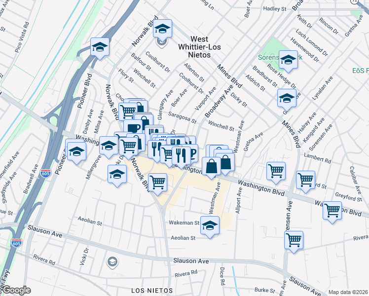 map of restaurants, bars, coffee shops, grocery stores, and more near 7811 Vanport Avenue in Whittier