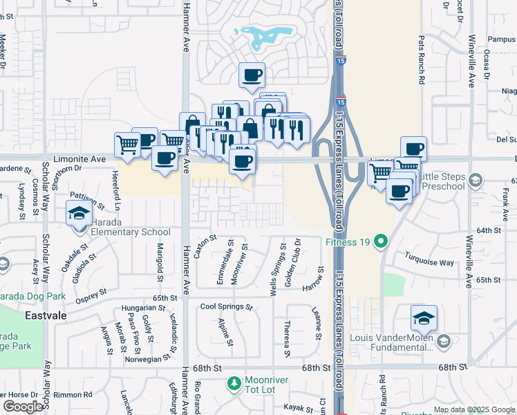 map of restaurants, bars, coffee shops, grocery stores, and more near 6333 Andromeda Court in Eastvale