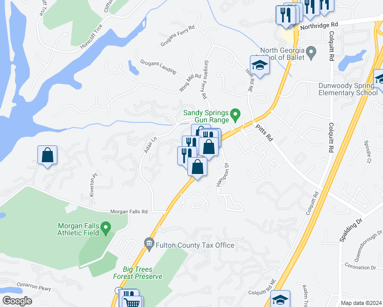 map of restaurants, bars, coffee shops, grocery stores, and more near 7878 Roswell Road in Atlanta