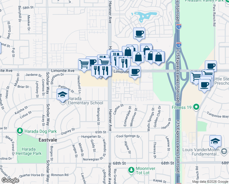 map of restaurants, bars, coffee shops, grocery stores, and more near 6350 Mindelo Lane in Eastvale
