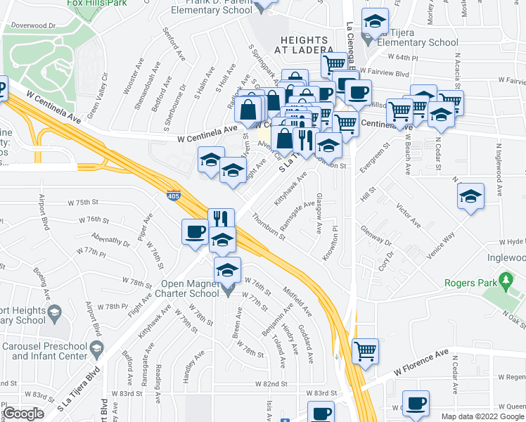 map of restaurants, bars, coffee shops, grocery stores, and more near 7139 Kittyhawk Avenue in Los Angeles