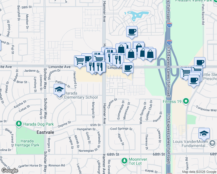 map of restaurants, bars, coffee shops, grocery stores, and more near 12587 Ruvina Lane in Eastvale