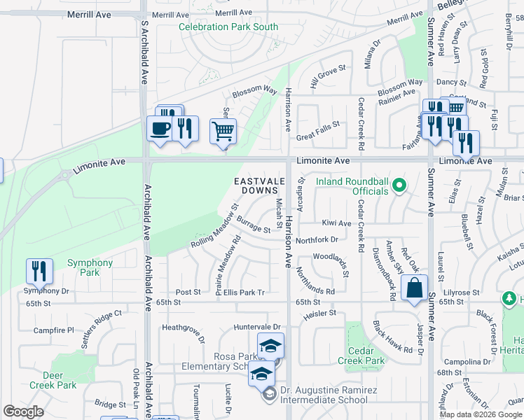 map of restaurants, bars, coffee shops, grocery stores, and more near 13884 Buckhart Street in Corona