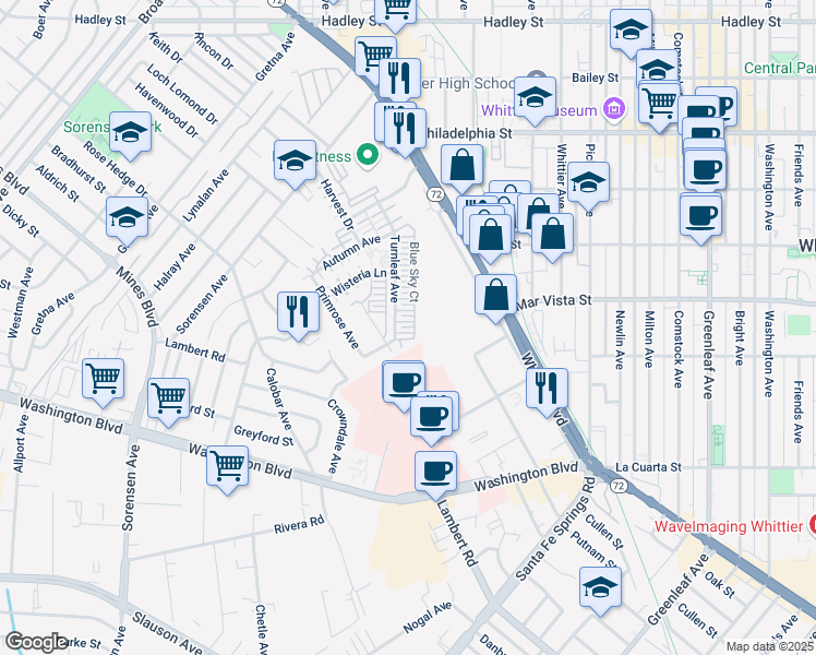 map of restaurants, bars, coffee shops, grocery stores, and more near 12374 Blue Sky Court in Whittier