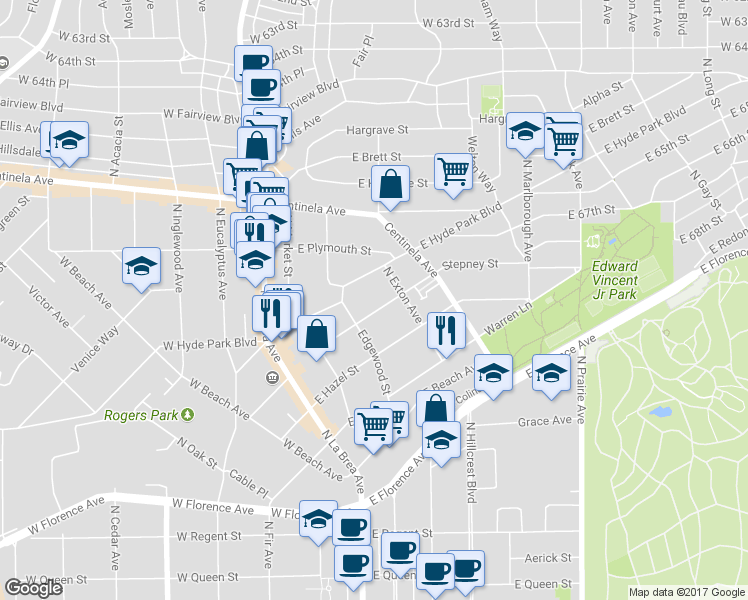 map of restaurants, bars, coffee shops, grocery stores, and more near 327 Stepney Street in Inglewood