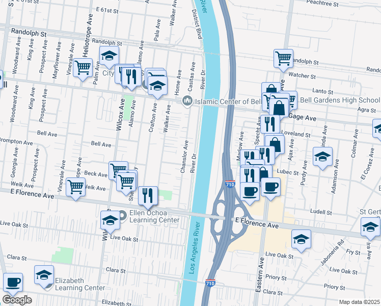 map of restaurants, bars, coffee shops, grocery stores, and more near 6724 Chanslor Avenue in Bell